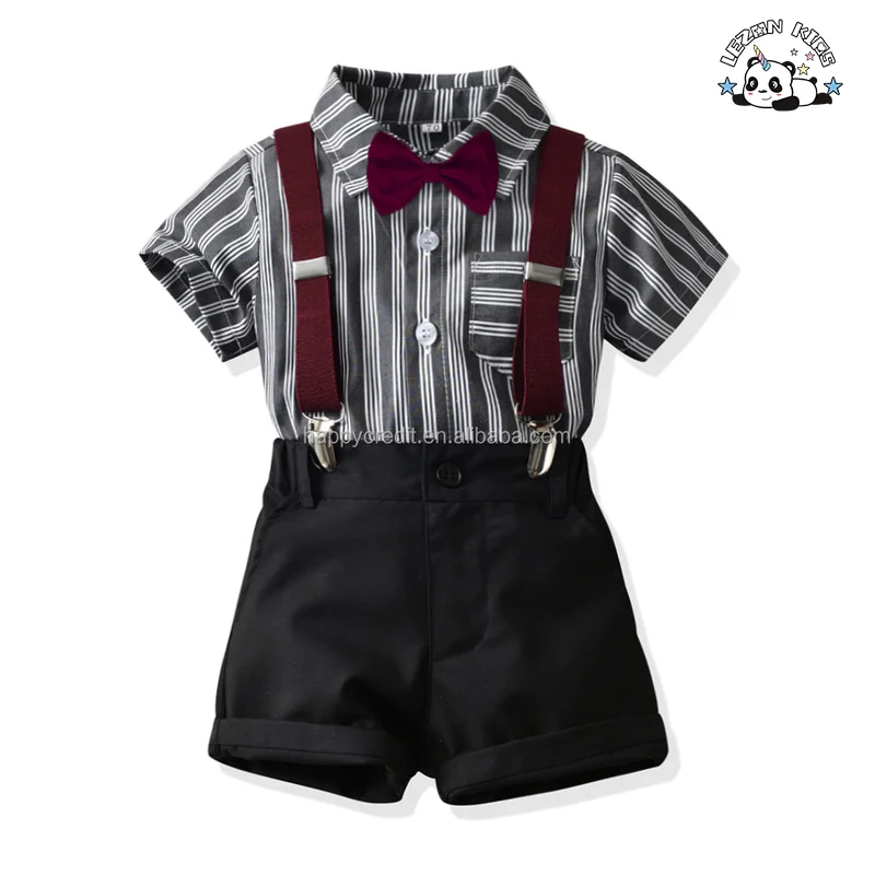LEZONKIDS - Customizable Children's Plaid Vest Dress Bow Knot Spring short Sleeve Cotton Shirt Boys clothing sets 2-14 years